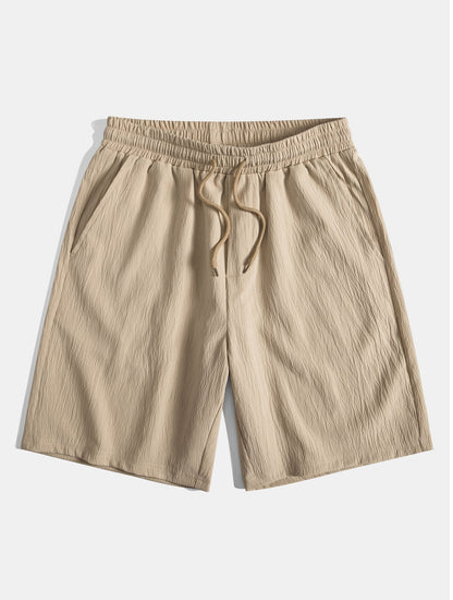 Geometric Striped Jacquard Button Up Shirt & Crinkled Textured Drawstring Shorts
