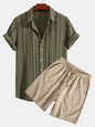 Geometric Striped Jacquard Button Up Shirt & Crinkled Textured Drawstring Shorts