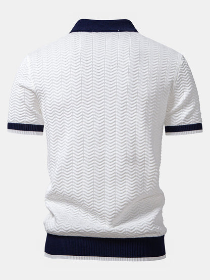 Texture Contrast Knitted V Neck Polo Shirt & Straight Leg Ribbed Pants
