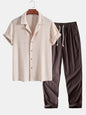 Short Sleeve Knitted Waffle Cuban Shirt & Straight Leg Linen Pants