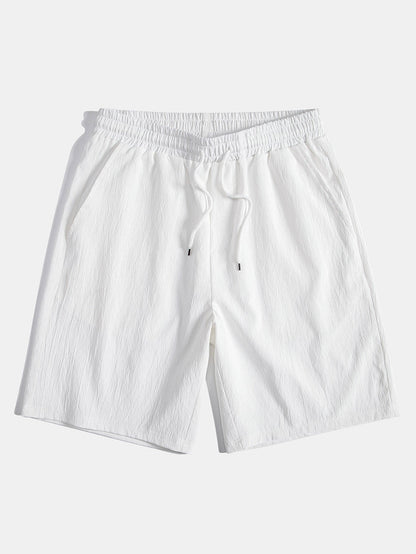 Geometric Striped Jacquard Button Up Shirt & Crinkled Textured Drawstring Shorts