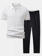 Rhombus Textured Zip Up Knitted Polo Shirt & Slim Fit Tapered Trousers