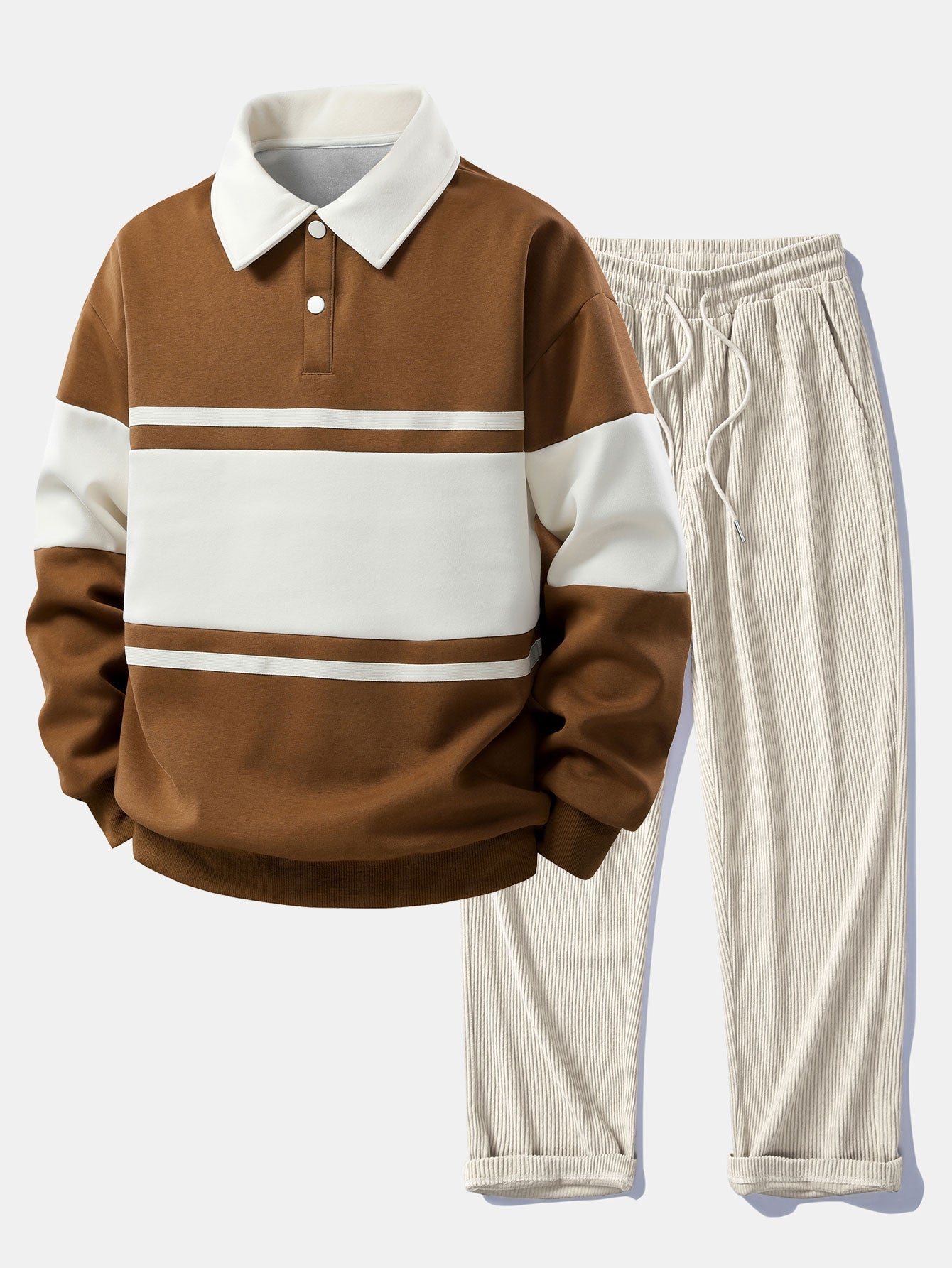 Relax Fit Color Block Patchwork Polo Sweatshirt & Straight Leg Corduroy Pants