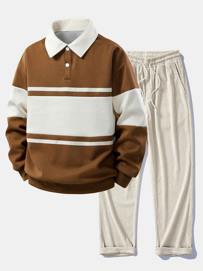 Relax Fit Color Block Patchwork Polo Sweatshirt & Straight Leg Corduroy Pants