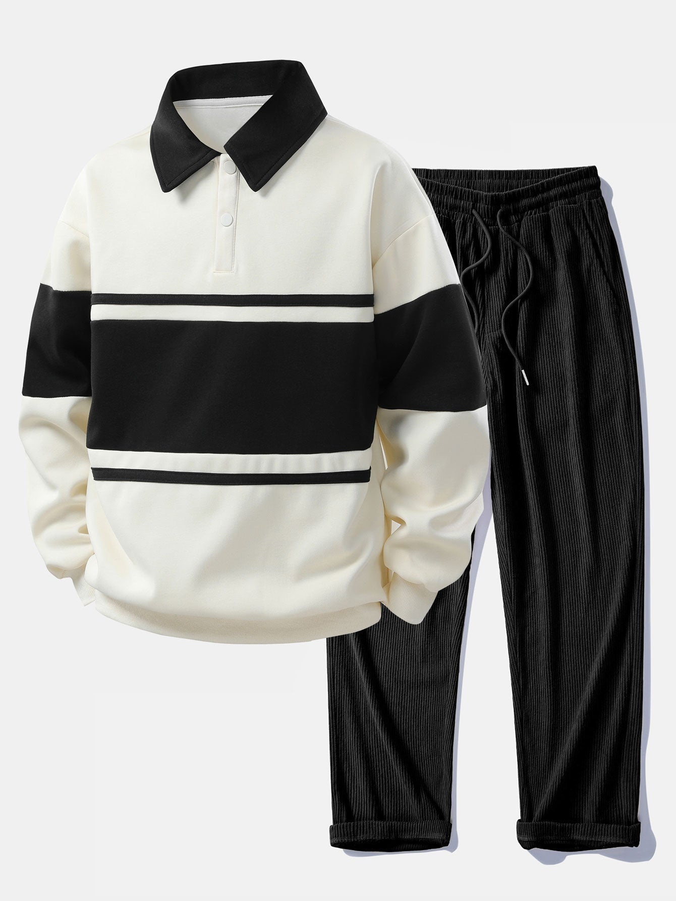 Relax Fit Color Block Patchwork Polo Sweatshirt & Straight Leg Corduroy Pants