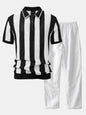 Striped Eyelet Knit Zip Up Polo Shirt & Straight Leg Linen Pants