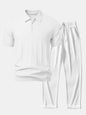 Stripe Jacquard Knit Polo Shirt & Straight Leg Ribbed Pants