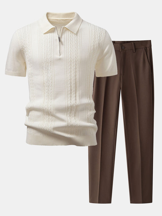 Twist Jacquard Knitted Zipper Polo Shirt & Slim Fit Tapered Trousers