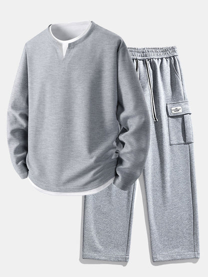 Relax Fit Long Sleeve 2 In 1 Waffle T-Shirt & Relax Fit Straight Leg Jersey Cargo Pants