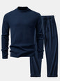 Long Sleeve Waffle Mock Neck T-Shirt & Drawstring Knitted Waffle Pants