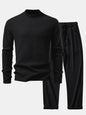 Long Sleeve Waffle Mock Neck T-Shirt & Drawstring Knitted Waffle Pants