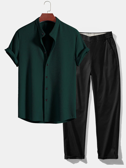 Muscle Fit Ribbed Stand Collar Shirt & Elastic Waist Straight Leg Trousers