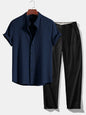 Muscle Fit Ribbed Stand Collar Shirt & Elastic Waist Straight Leg Trousers
