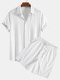 Linen Rayon Blend Button Up Shirt & Crinkled Textured Drawstring Shorts
