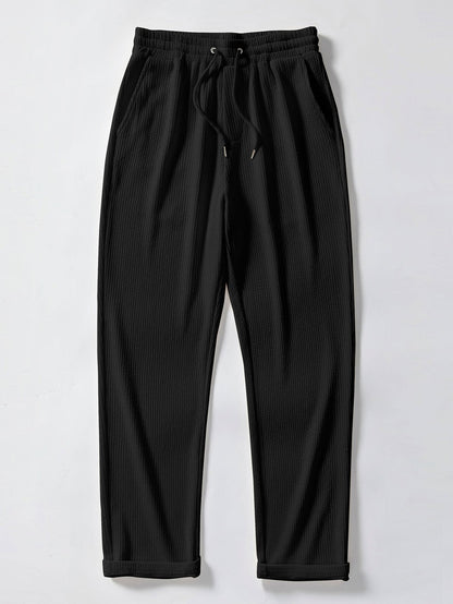 Texture Contrast Knitted V Neck Polo Shirt & Straight Leg Ribbed Pants