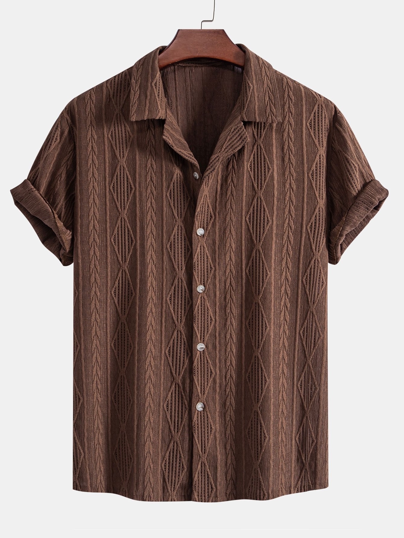 Geometric Jacquard Eyelet Cuban Shirt & Crinkled Textured Drawstring Shorts